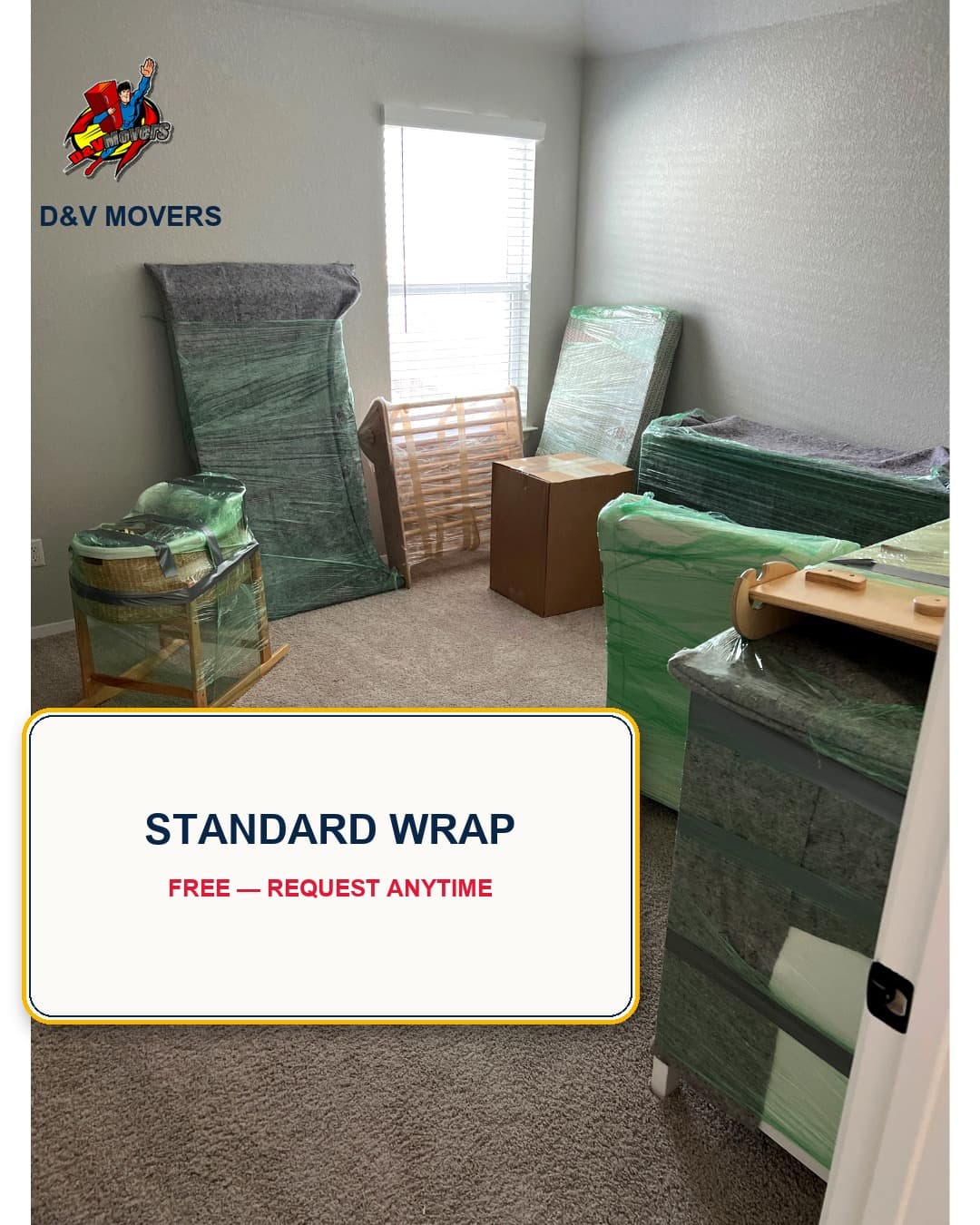 Furniture wrapped in standard moving blankets and plastic wrap in a bedroom